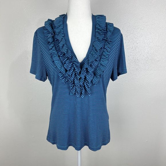 Soft Surroundings Blouse Women Medium Blue Striped Ruffle Collar Short Sleeve - Picture 13 of 13